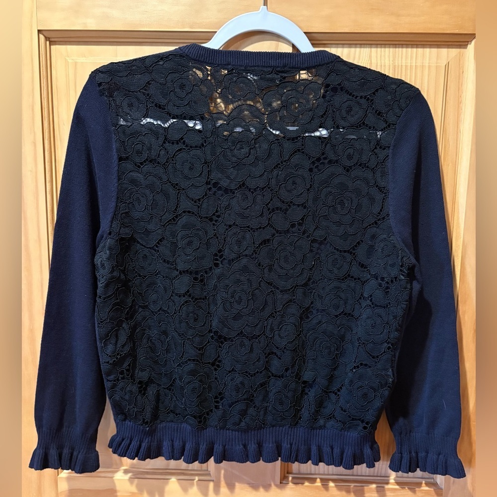Karl Lagerfeld Paris women's cardigan pearl buttons ruffle detail lace back M - Picture 3 of 13
